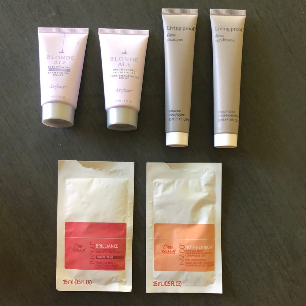 Living proof, drybar, Wella shampoo and conditioner bundle. Deluxe sample sizes.